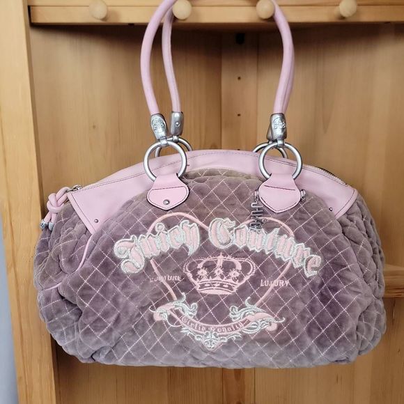 Vintage Rare Y2K Juicy Couture Purple Pink Quilted Velour Charm Bag - Picture 12 of 12